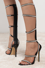 Black Rhinestone Decor Stiletto Heeled Strappy Sandals