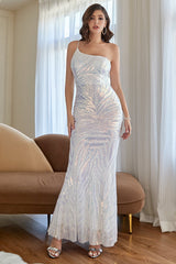 White One Shoulder Sequins Long Prom Dress