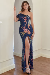 Navy One Shoulder Sequins Prom Dress with Slit