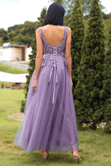 A Line V Neck Purple Long Prom Dress with Appliques