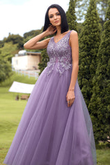 A Line V Neck Purple Long Prom Dress with Appliques