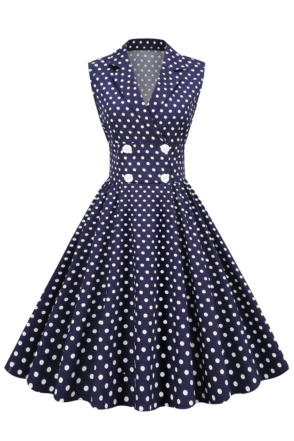 Navy V-Neck Polka Dots 1950s Swing Dress