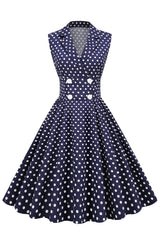 Navy V-Neck Polka Dots 1950s Swing Dress