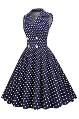 Navy V-Neck Polka Dots 1950s Swing Dress
