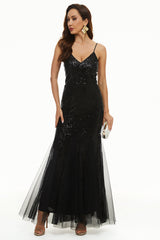 Black Sequin Spaghetti Straps Sheath Mother Dress