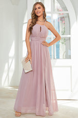 Orange Chiffon Halter Bridesmaid Dress with Slit