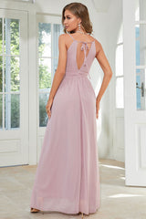 Orange Chiffon Halter Bridesmaid Dress with Slit