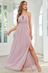 Orange Chiffon Halter Bridesmaid Dress with Slit