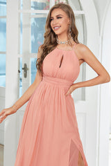 Orange Chiffon Halter Bridesmaid Dress with Slit