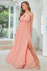 Orange Chiffon Halter Bridesmaid Dress with Slit
