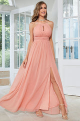 Orange Chiffon Halter Bridesmaid Dress with Slit