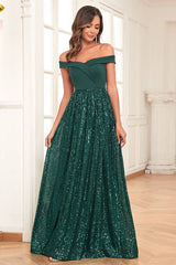 A-Line Off the Shoulder Dark Green Prom Dress With Sequins