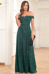 A-Line Off the Shoulder Dark Green Prom Dress With Sequins