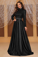 Black A Line High Neck Long Prom Dress with Sequins