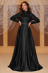 Black A Line High Neck Long Prom Dress with Sequins