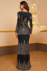 Mermaid V-Neck Black Long Sequin Prom Dress