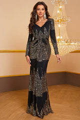 Mermaid V-Neck Black Long Sequin Prom Dress