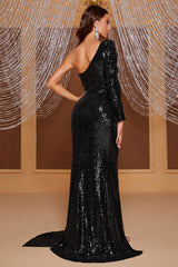 Mermaid One Shoulder Black Long Sequin Prom Dress with Split