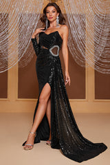 Mermaid One Shoulder Black Long Sequin Prom Dress with Split