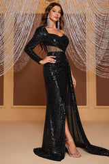 Mermaid One Shoulder Black Long Sequin Prom Dress with Split