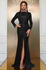 Black Mermaid Boat Neck Long Sleeves Sequin Prom Dress with Slit