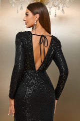 Black Mermaid Boat Neck Long Sleeves Sequin Prom Dress with Slit