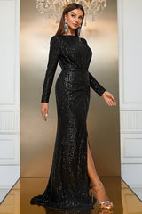 Black Mermaid Boat Neck Long Sleeves Sequin Prom Dress with Slit