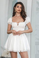 White A Line Square Neck Short Graduation Dress