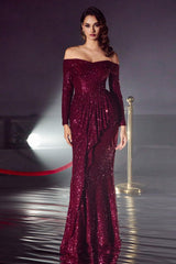 Cinderella Divine CH135 Long Sleeve Sequin Evening Gown