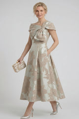 A-Line Tea-Length Jacquard Mother of the Bride Dress CM0413