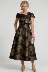 A-Line Tea-Length Jacquard Mother of the Bride Dress CM0413