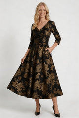 A-Line Tea-Length Jacquard Mother of the Bride Dress CM0415