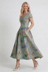 A-Line Tea-Length Jacquard Mother of the Bride Dress CM0417