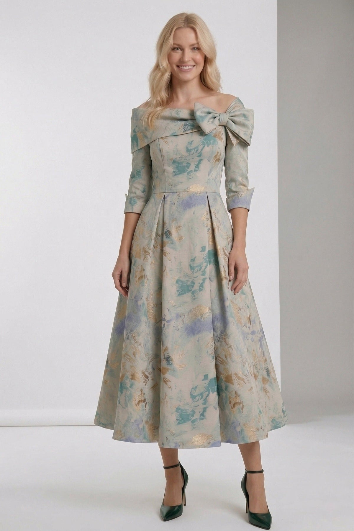 A-Line Tea-Length Jacquard Mother of the Bride Dress CM0418