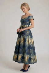 A-Line Tea-Length Jacquard Mother of the Bride Dress CM0427