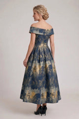 A-Line Tea-Length Jacquard Mother of the Bride Dress CM0427