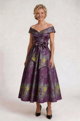 A-Line Tea-Length Jacquard Mother of the Bride Dress CM0427