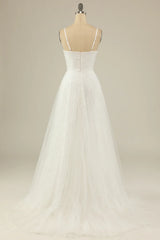 A Line thin shoulder strap off the shoulder white sheer backless and ground length wedding dress
