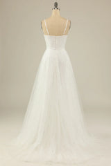 A Line Spaghetti Straps White Tulle Party Dress Sparkle Wedding Dress