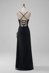 Black Blue Spaghetti Straps Mermaid Pleated Long Bridesmaid Dress with Slit