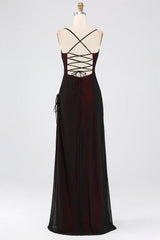 Sheath Spaghetti Straps Black Red Floor Length Bridesmaid Dress