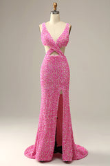 Fuchsia Sequined V-Neck Cut Out Prom Dress