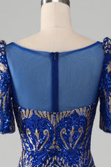 Mermaid Royal Blue Sparkly Prom Dress with Short Sleeves