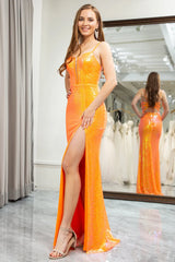 Wholesale Glitter Orange Mermaid Lace Up Long Sequin Prom Dress With Slit prom dresses shops