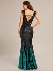 Custom Size Sequin Feather Lace-Up Mermaid Prom Dresses