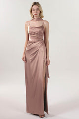 Sheath-Column Maxi Luxe Satin Bridesmaid Dress CS0599BM