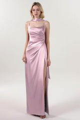 Sheath-Column Maxi Luxe Satin Bridesmaid Dress CS0599BM