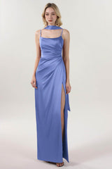 Sheath-Column Maxi Luxe Satin Bridesmaid Dress CS0599BM