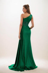 One-Shoulder Sequins High Split Satin Prom Dresses CS0797