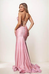 Ruffle High Split Sweep Train Silk Like Satin Prom Dresses CS0806